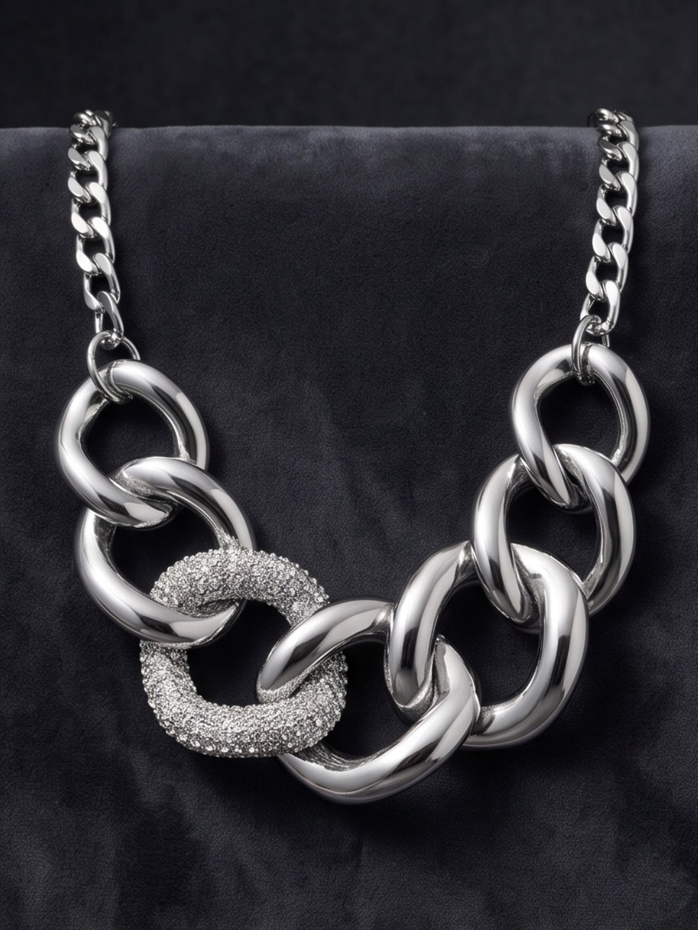 Silver Chunky Link Necklace with Pavé Accent
